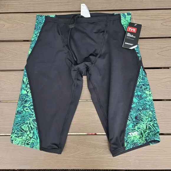 TYR Durafast Nebulous Drawstring Green/black Swim Jammer Size 32 New