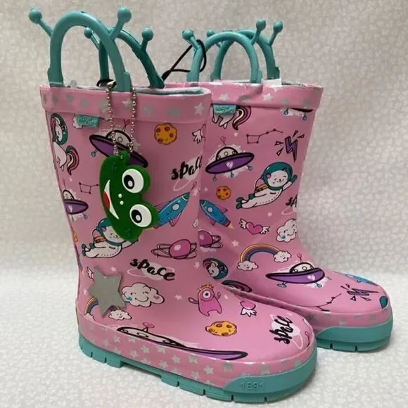 Western Chief Girls' Waterproof Rain Boots with EasyOn Handles Space Party Theme