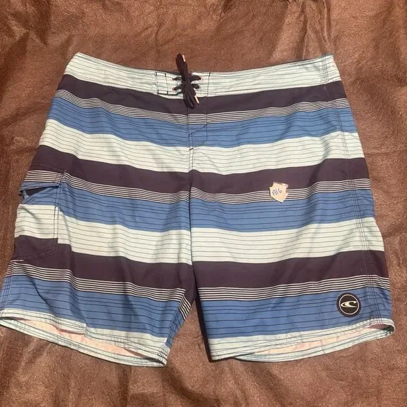 ONeill Mens Swim Trunks Size 42 Blue Black Swimwear Shorts Striped Pocket