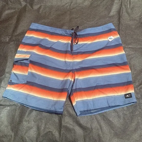 ONeill Mens Swim Trunks Shorts Size 40 Blue Orange Swimwear Striped Pocket