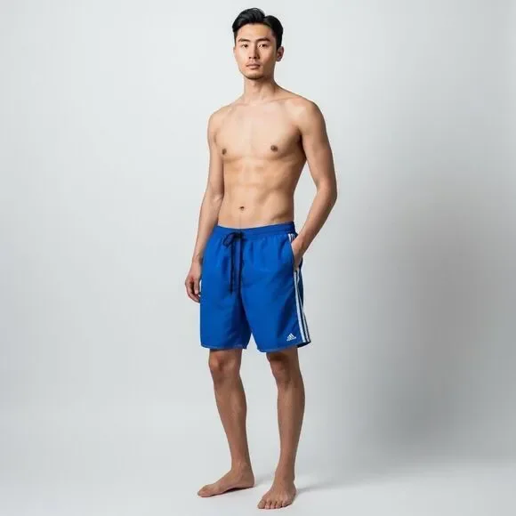 Adidas Solid Royal Blue White Track Stripes Swim Trunks w/ Pockets Drawstring L