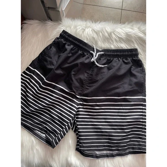 Swim Trunks Men's L  Large Black White Striped Elastic Drawstring Pockets Lined