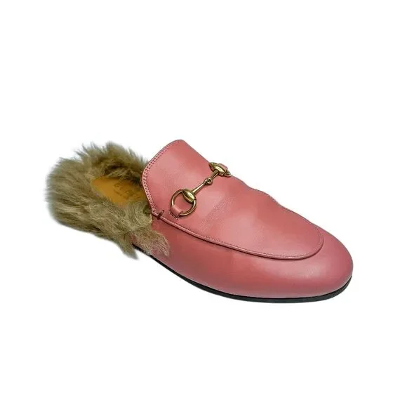 Gucci Princetown Horsebit Fur Mules EU 37 Lipstick Rose Leather Flat Slippers