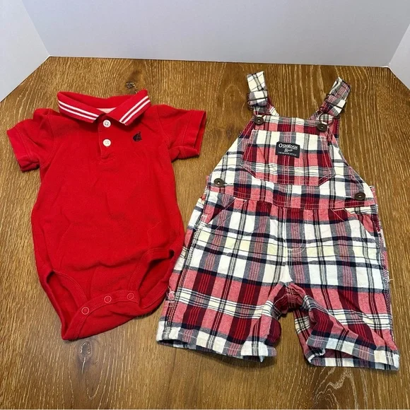 Vintage OshKosh Bgosh Red Polo Bodysuit‎ and Plaid Shortalls 12M