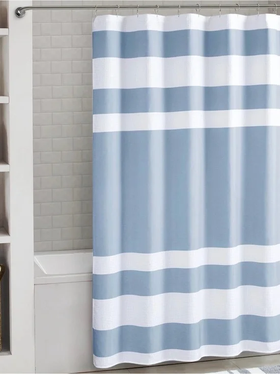 Madison Park Waffle Striped Blue and White Shower Curtain - Home Bath