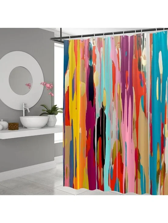 Colorful Abstract Geometric Shower Curtain Set - Rainbow Striped Bathroom Decor
