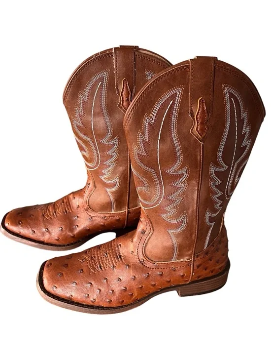 Roper Big Kids Faux Ostrich Western Boots in Brown Size Youth 6