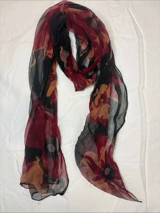 Women's Sheer Floral Scarf - Burgundy, Black & Tan