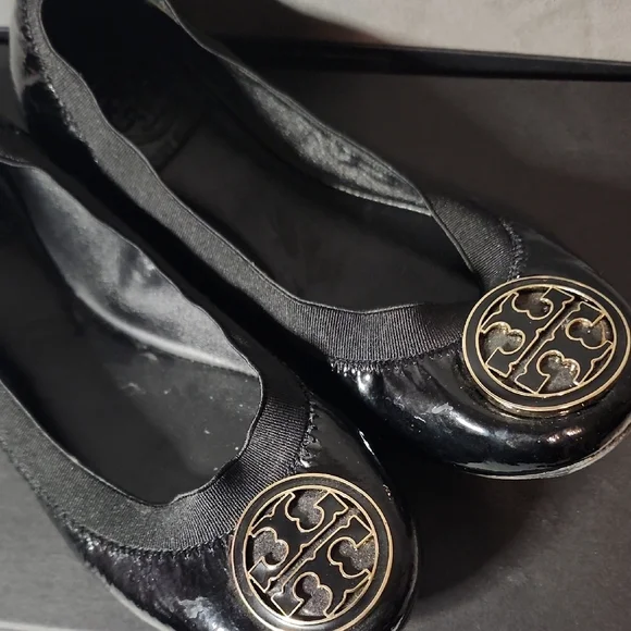 Tory Burch Glossy Black Flats with Gold Accent