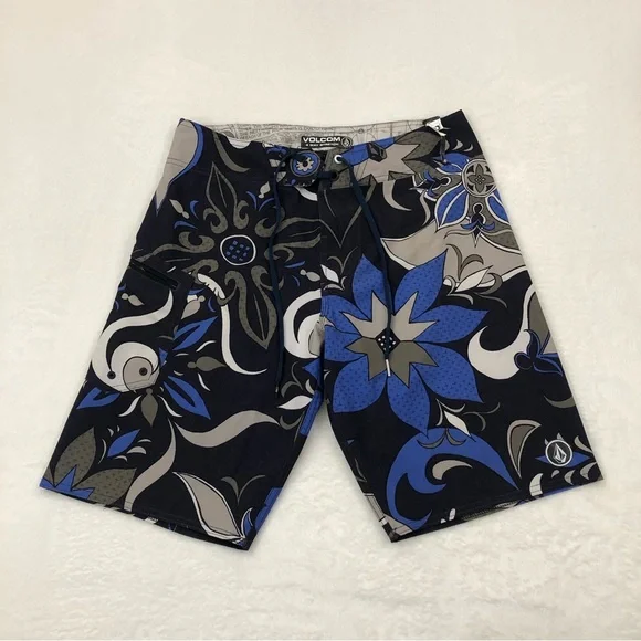 Volcom Stone Surf 4 Way Stretch Black Blue Floral Swim Board Shorts Mens 30x20.