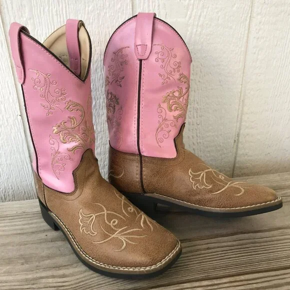 Old West Girls Kid Tan Leather and Pink Western Boots 3.0 D