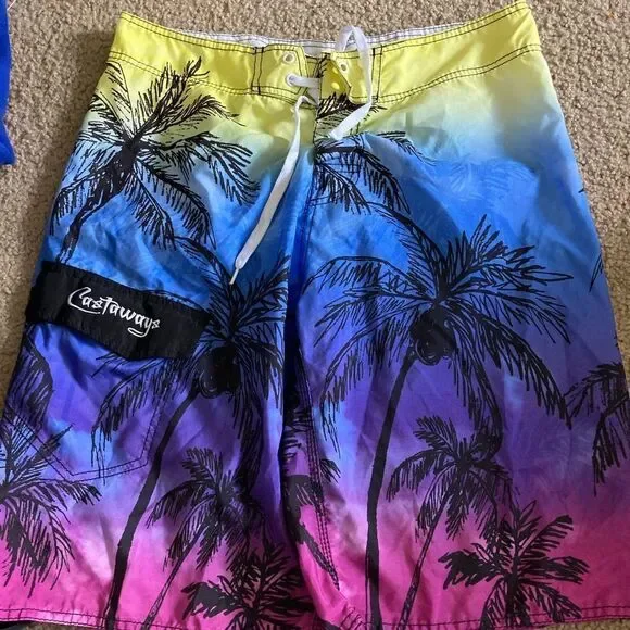 Mens Castaways Colorful Blue and Pink Palm Tree Swim Trunks