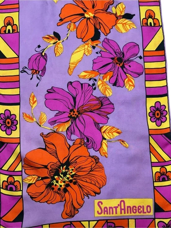 Sant’ Angelo Purple Floral Silk Scarf Luxury Vintage Mod 70s Tropical Floral