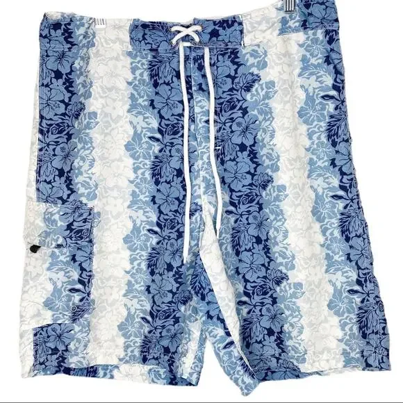 Men's Surfwaves Blue White Floral Board Swim Shorts Trunks 34