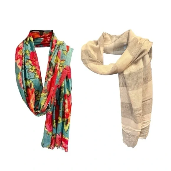 2-WOMENS SCARVES. TROPICAL FLORAL PRINT, 70”X 54” & GREY/WHITE STRIPE SCARF