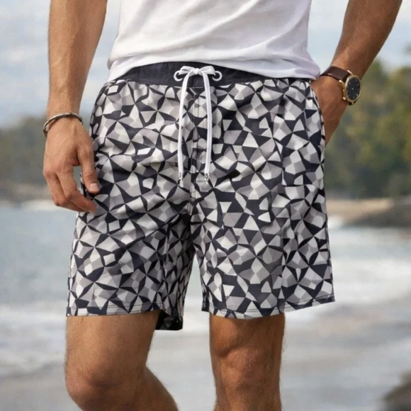 American Eagle Board Shorts Large Black White Geo Print Swim Trunks Drawstring