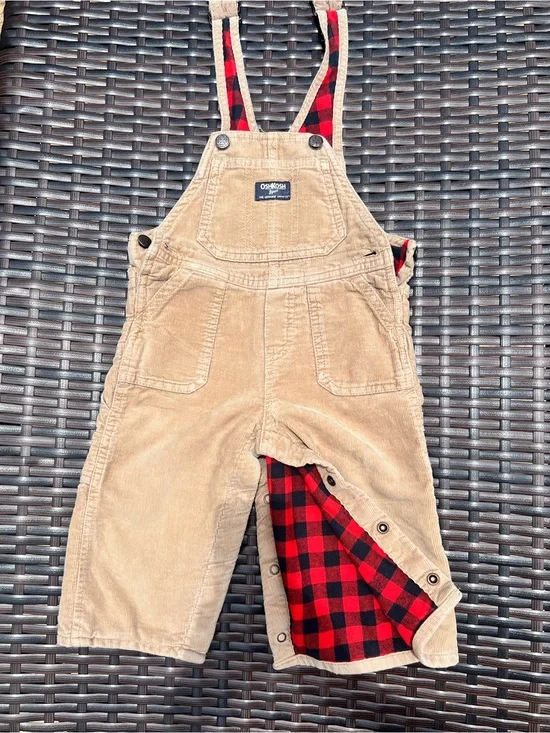 OshKosh B'gosh Tan Corduroy Overalls with Red Plaid Lining 18M