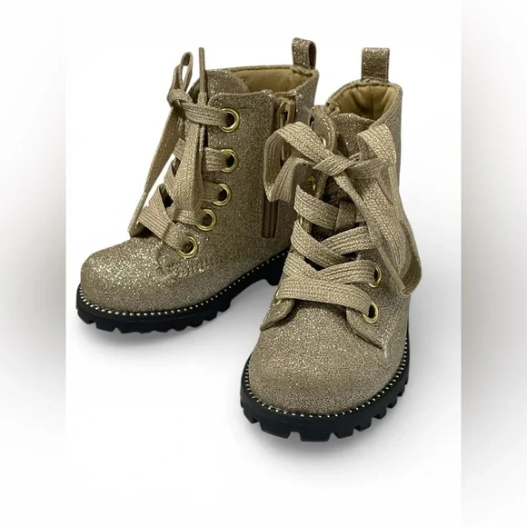 Rachel Zoe Boots 6 Toddler Glitter Combat Side Zip Lug Sole Girls Gold Lace Up