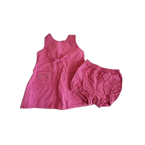 OshKosh B'gosh Dress Set‎ Baby Girls 18M Pink Plaid Vintage Gingham Bloomers 2pc