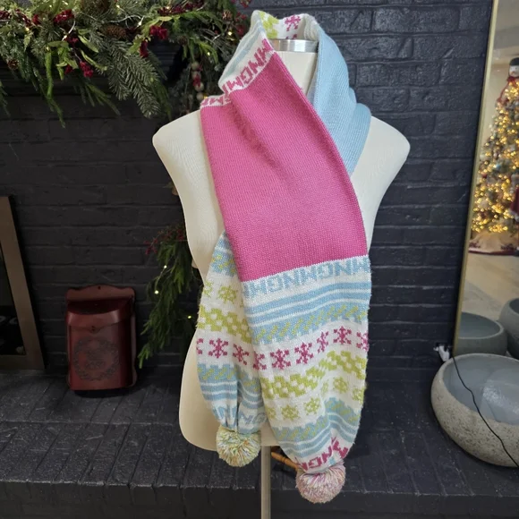BY MNG Knit Scarf Pom Pom Snowflakes Fair Isle Pink Blue Green Nordic
