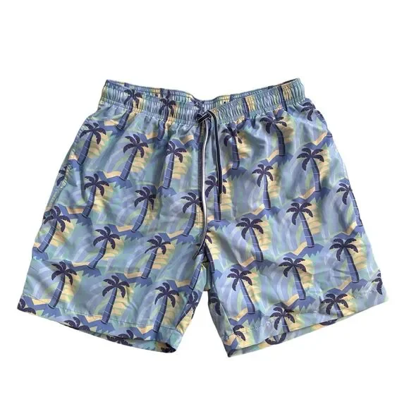 J. McLaughlin Gibson Swim Trunks Small Blue Green Palm Tree Lined 6