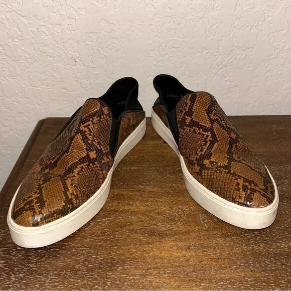 Vince Leather Snakeskin Print Slip On Loafer Shoes