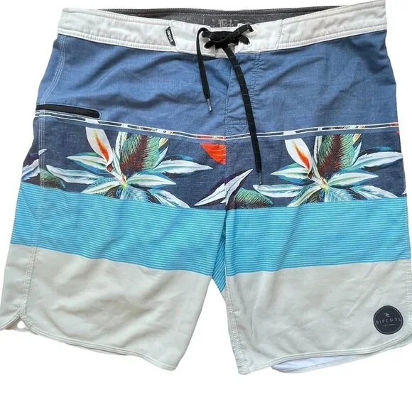 Rip Curl Board Shorts Stretch Blue and Cream with Hawaiian Print