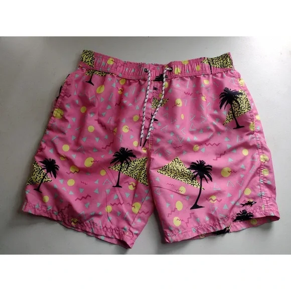 Maui and Sons Mens Pink 80s Retro Geometric Palm Tree Swim‎ Trunks XL