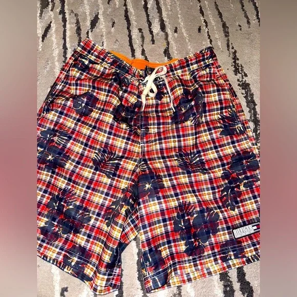 VTG Tommy Hilfiger Mens Lined Board Shorts plaid with palm trees  Size LARGE