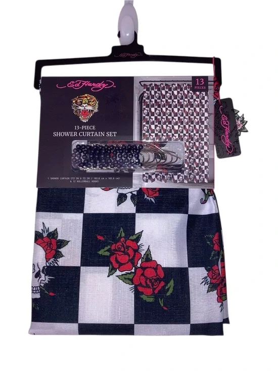 Ed Hardy Checkerboard Rose Shower Curtain Set - Black, White, Red. NEW