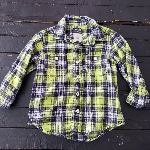 OshKosh Toddler Boy 2T Long Sleeve Flannel Button Up Shirt Blue Green Plaid Top