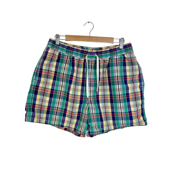 Vintage POLO Ralph Lauren Plaid Swim Shorts Men L Board Trunks Preppy Summer Ivy