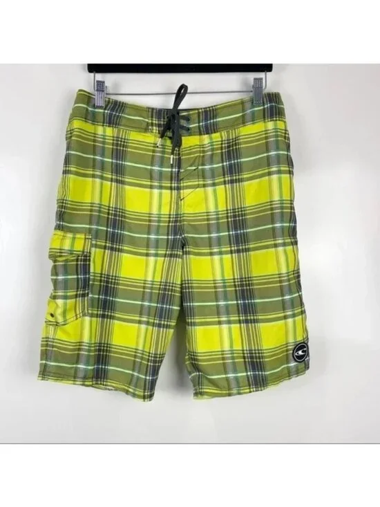 O'Neill Yellow Plaid Board Shorts Men's Swim Trunks Size 32 Surf Beach