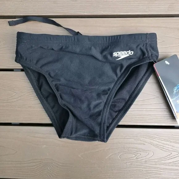 Speedo Endurance Youth Boy's Black  Drawstring Allover Racer Brief SZ 26 New