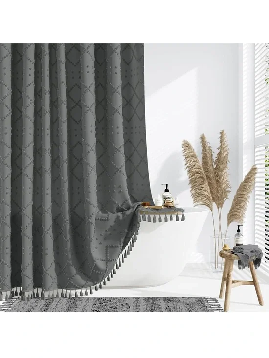 Textured Charcoal Gray Tassel Shower Curtain - Home Bath NWT