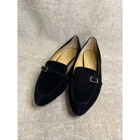 Talbots Women's Suede Leather Buckle Detail Slip-on Loafer Flats Black Size 7M