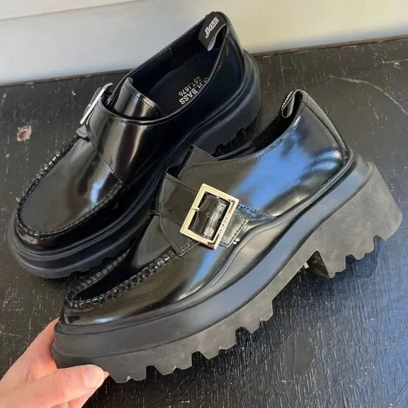 G.H. Bass Ella Platform Derby Loafers 9.5 Black Leather Chunky Lug Sole