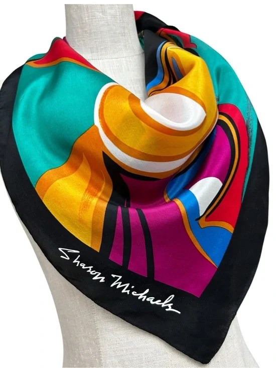 Sharon Michaels Abstract Silk Scarf Square Multicolor Art Print 80s 90s Style