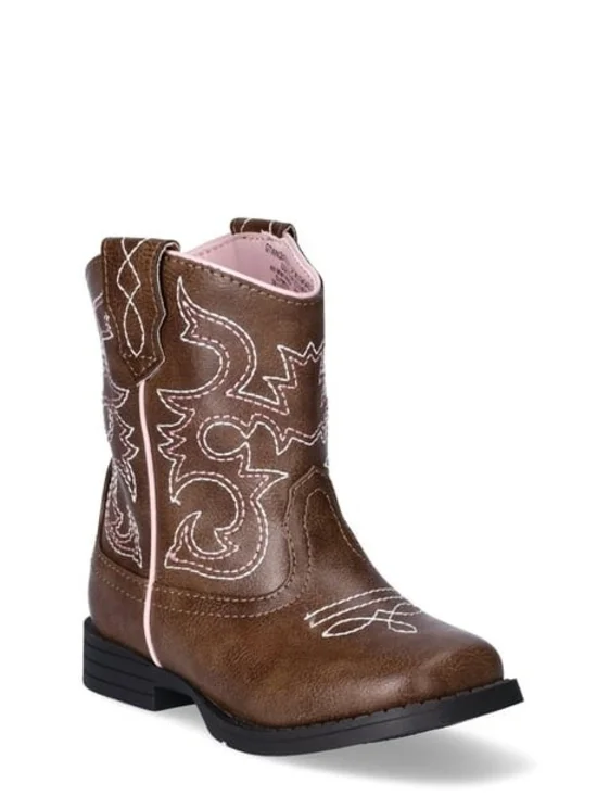 Little Girls Brown Western Cowgirl Boots with Pink/White Stitching - Size 11