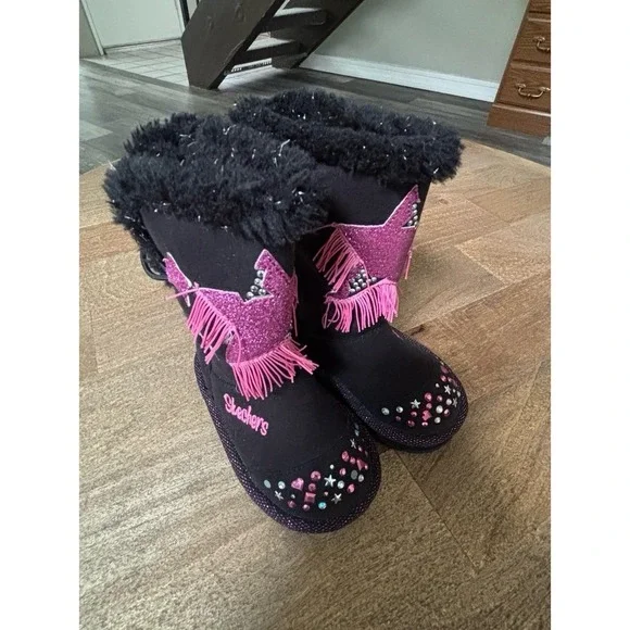 Skechers Boots Youth Girls Size 6 Twinkle Toes Faux‎ Fur Black