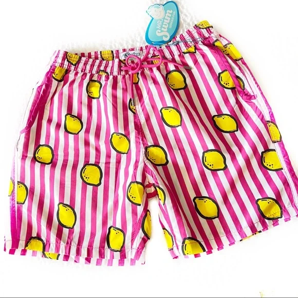 Mr. Swim Lemon Stripes Magenta/White Swim Trunks Men’s Size Large, NWT