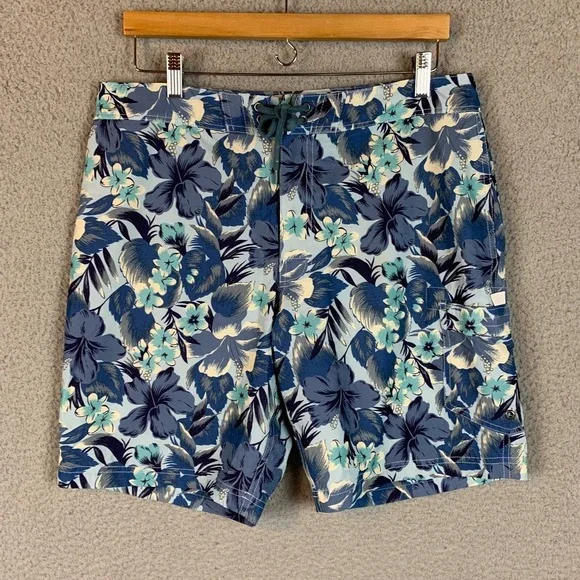 J Crew Flex Swimwear Trunks‎ Mens 33 Blue Hawaiian Floral Lined