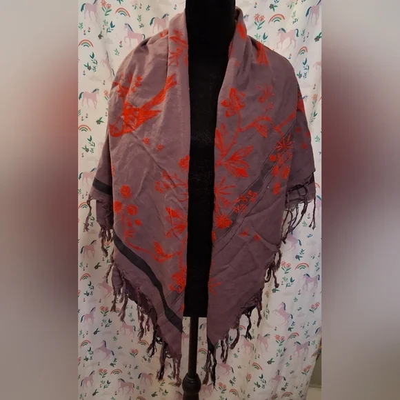 EUC Leigh & Luca Purple & Red Cotton Floral Bird Casual Boho XL Scarf Wrap