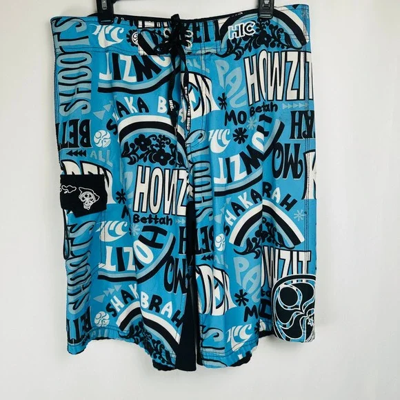 HIC Hawaiian Island Creations Mens Board Shorts 34 Howzit Surf Trunks‎ Vacation