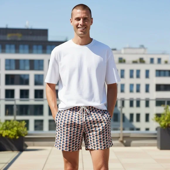 Mr.Swim Blue and Orange Geometric Swim Shorts