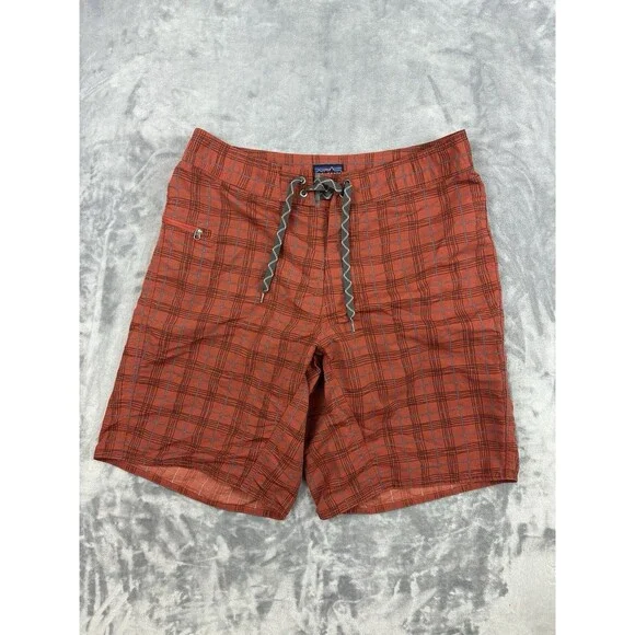 Patagonia Wavefarer Board Shorts Mens Size 32 Rust Plaid Swim Beach