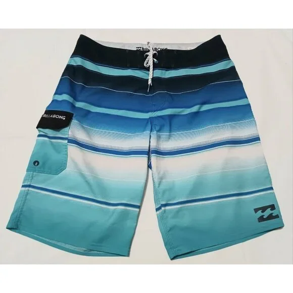 BILLABONG Platinum X All Day Board Shorts 31 Blue Black Striped Stretch Pocket
