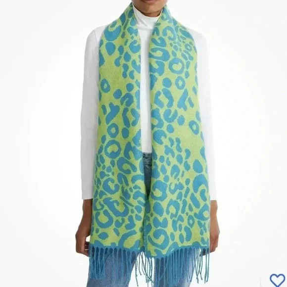 Steve Madden Reversible Leopard Print Scarf Green and Blue With Fringe