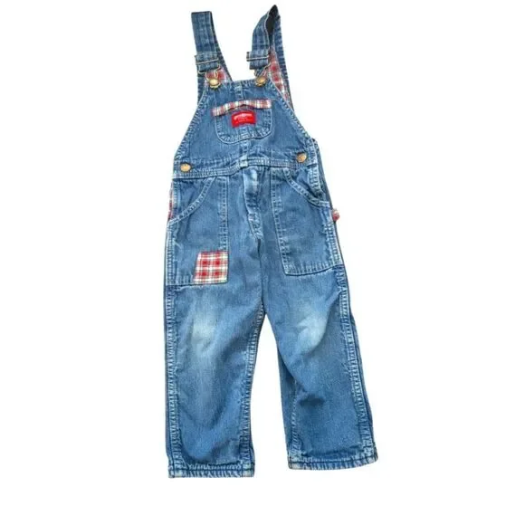 Oshkosh b'gosh vintage‎ blue denim flannel lined patchwork overalls size 3T