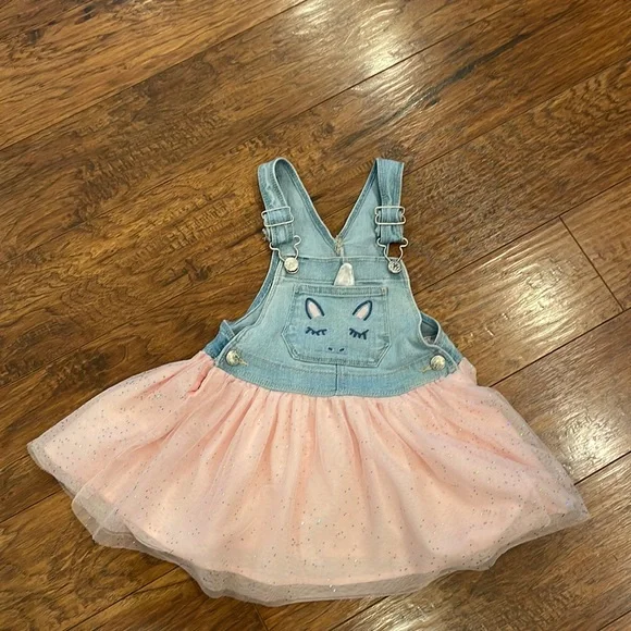 OshKosh B'gosh Unicorn Tulle Pink Silver Denim Overall Dress Vestbak Size 3T
